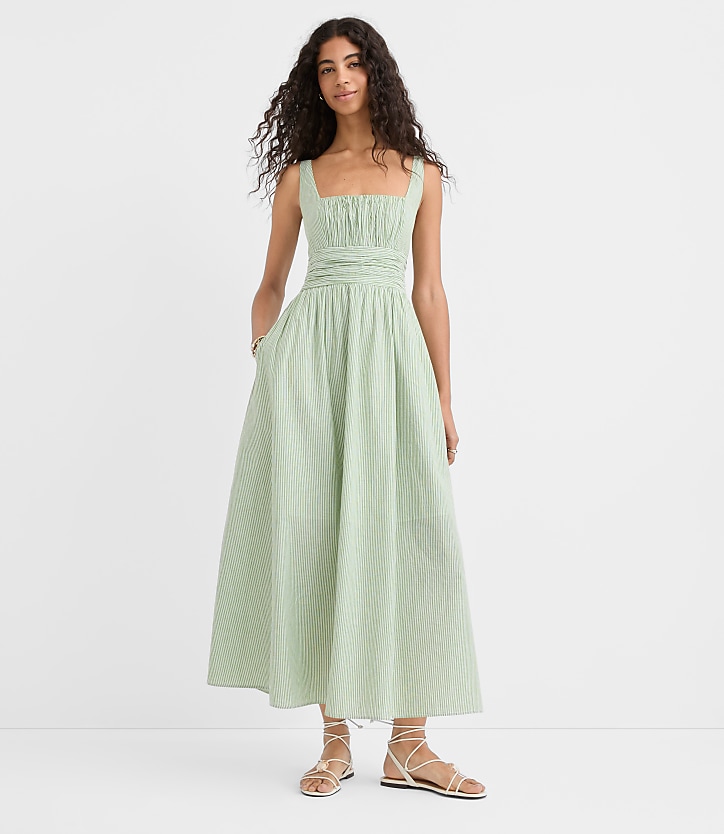 Stripe Shirred Square Neck Midi Pocket Dress