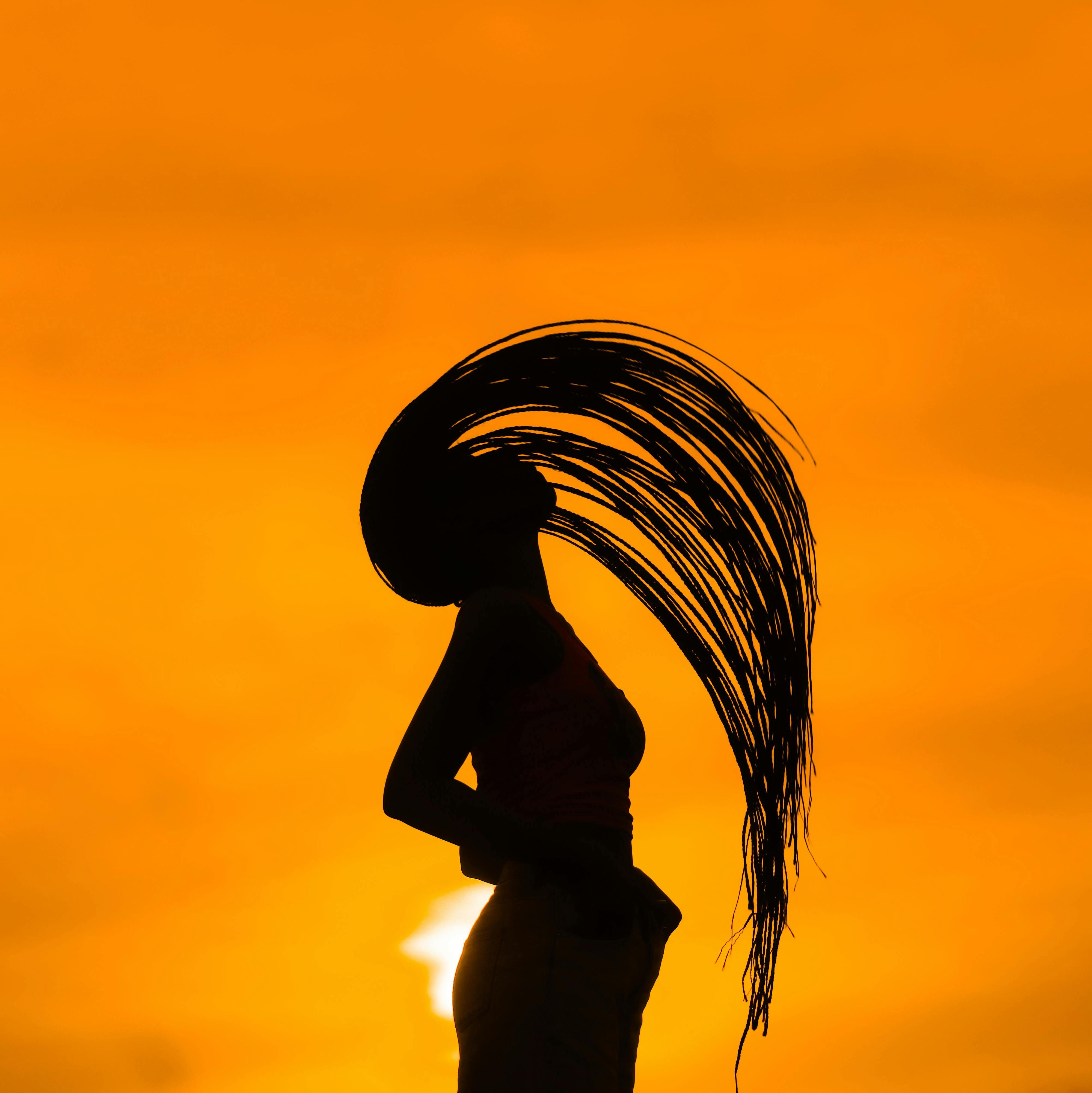 A woman stands in silhouette against an orange sky. She is whipping her braided hair backwards like in The Little Mermaid. 