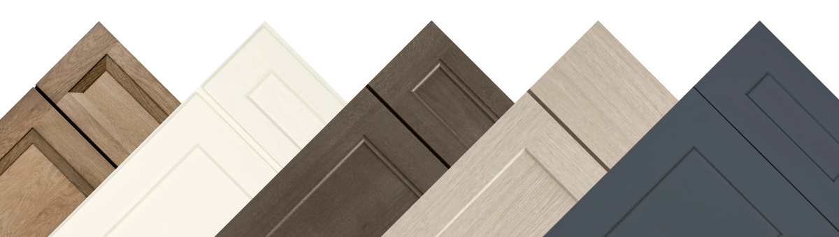 Five cabinet door samples in different finishes.