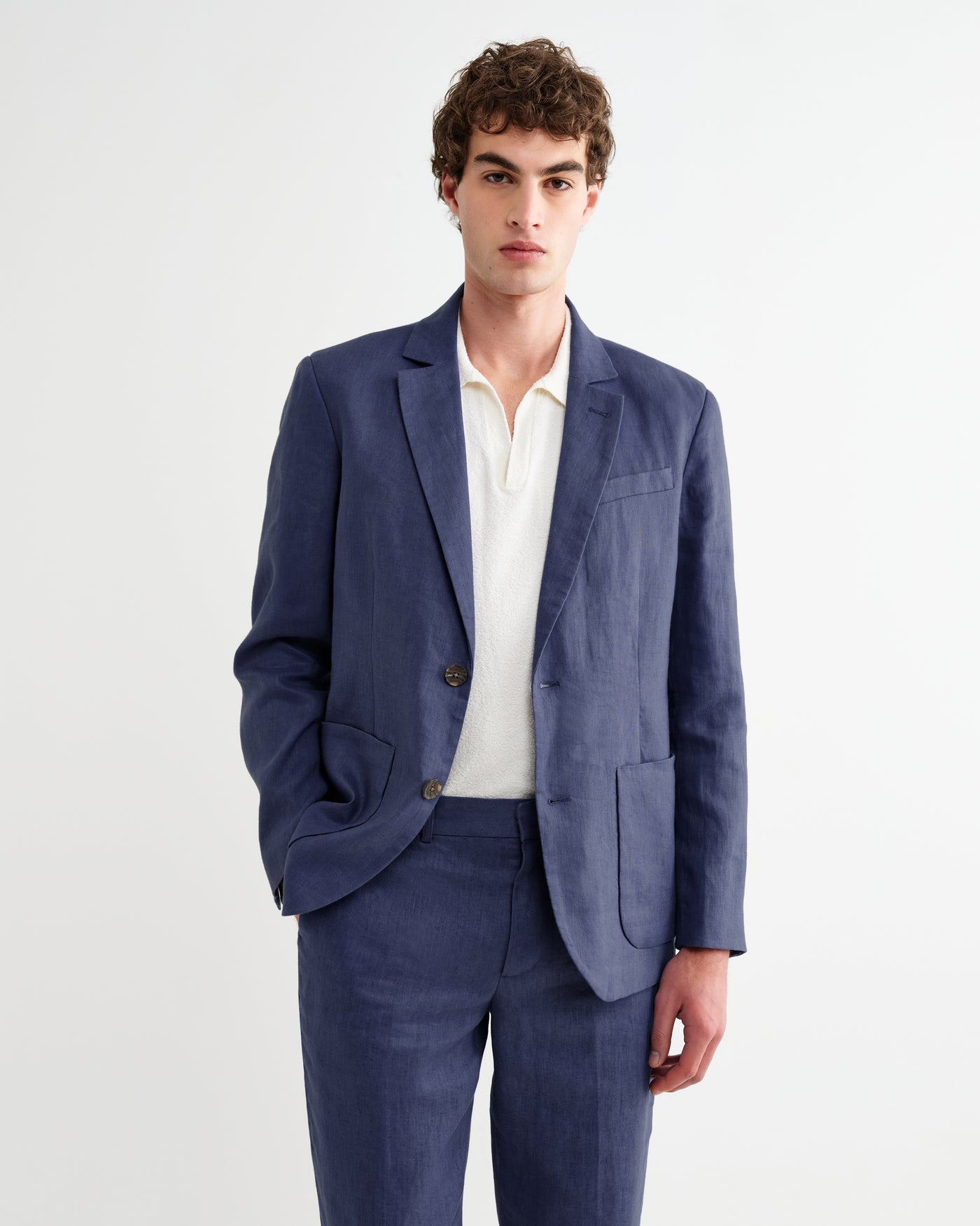 Fintry - Mid Blue Linen Single-Breasted Blazer