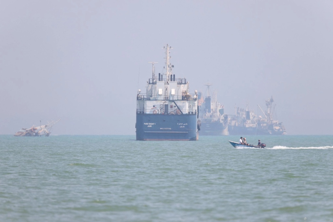 Ships lined up along the Strait of Hormuz. 