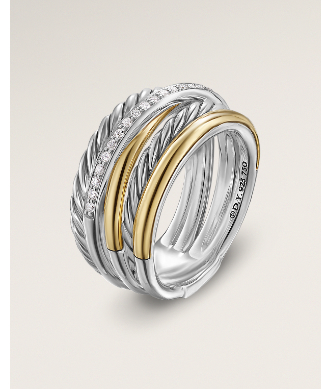 Crossover Five Row RingSterling Silver with 18K Yellow Gold and Diamonds, 11mm