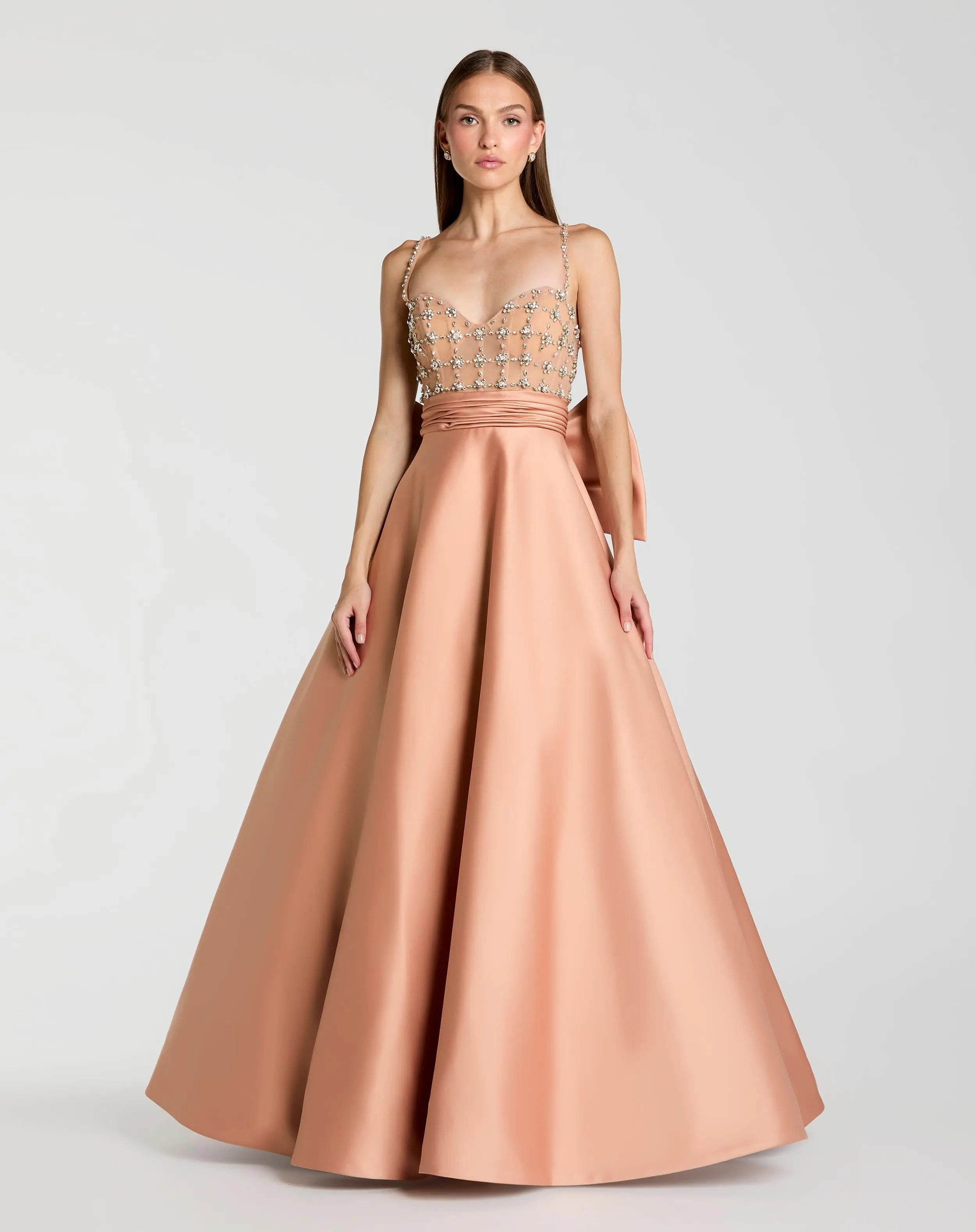 Image of Peach Embellished Bodice Sweetheart Neck Satin Ball Gown