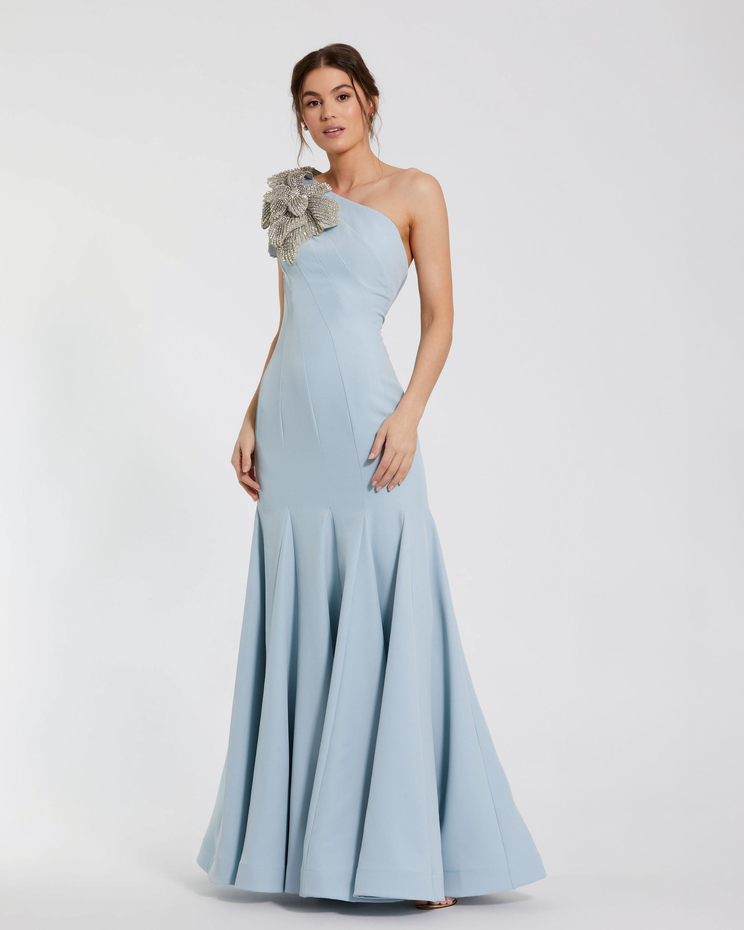 Image of Petite Blue Crepe One Shoulder Mermaid Gown With Flower