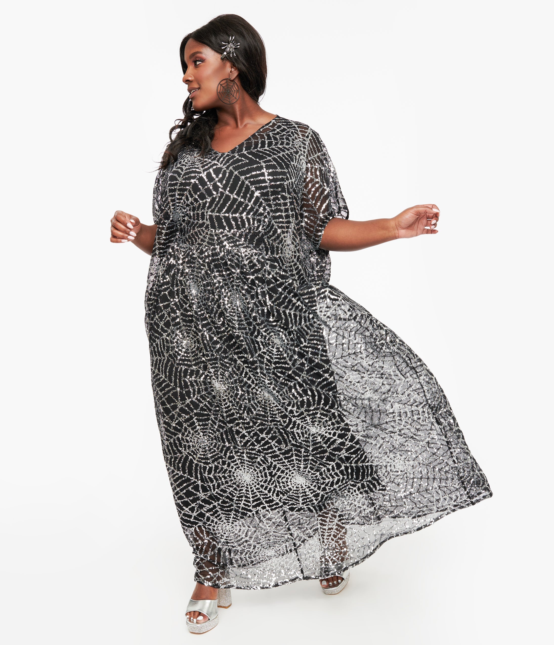 Image of Unique Vintage Black & Silver Sequin Spider Web Burton Caftan Dress