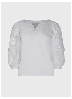 White 3/4 Sleeve Pima Jersey Top With Y-Neckline and Hidden Zipper