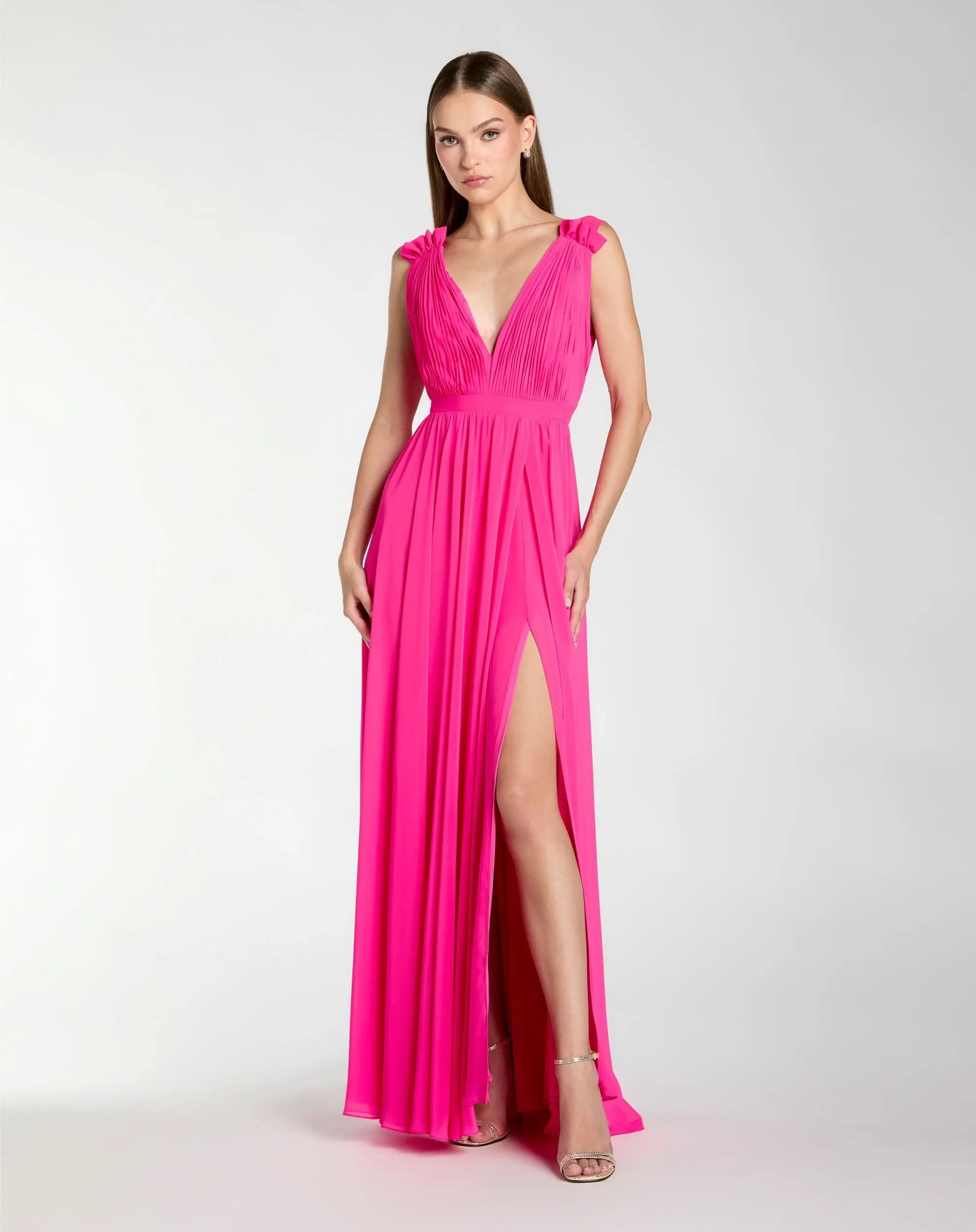 Image of Pink Sleeveless Pleated Chiffon V-Neck Gown