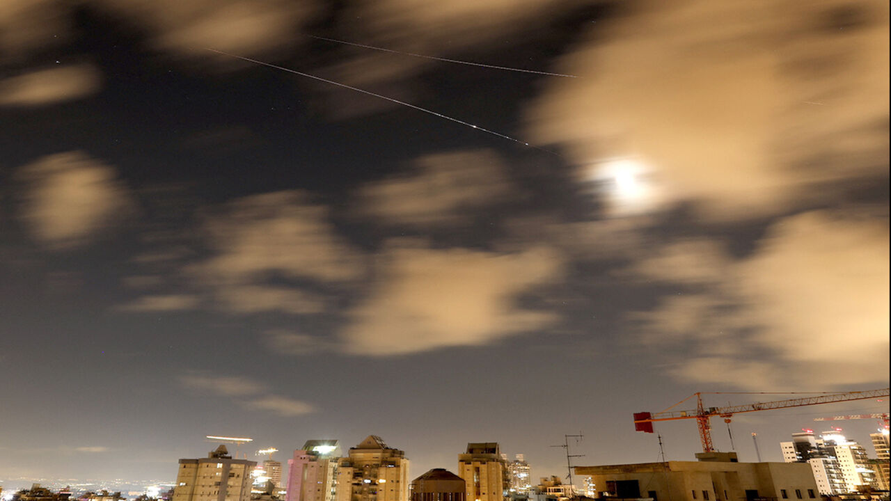 Rocket trails are seen in the sky above the Netanya, Israel on April 8th 2026