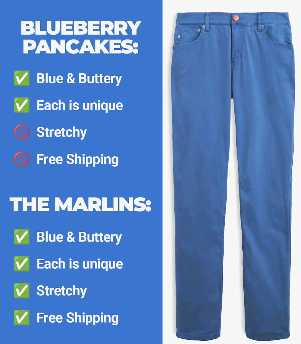 Blueberry pancakes: Blue and buttery, each is unique, not stretchy, no free shipping. The Marlins: Blue and buttery, each is unique, stretchy, free shipping