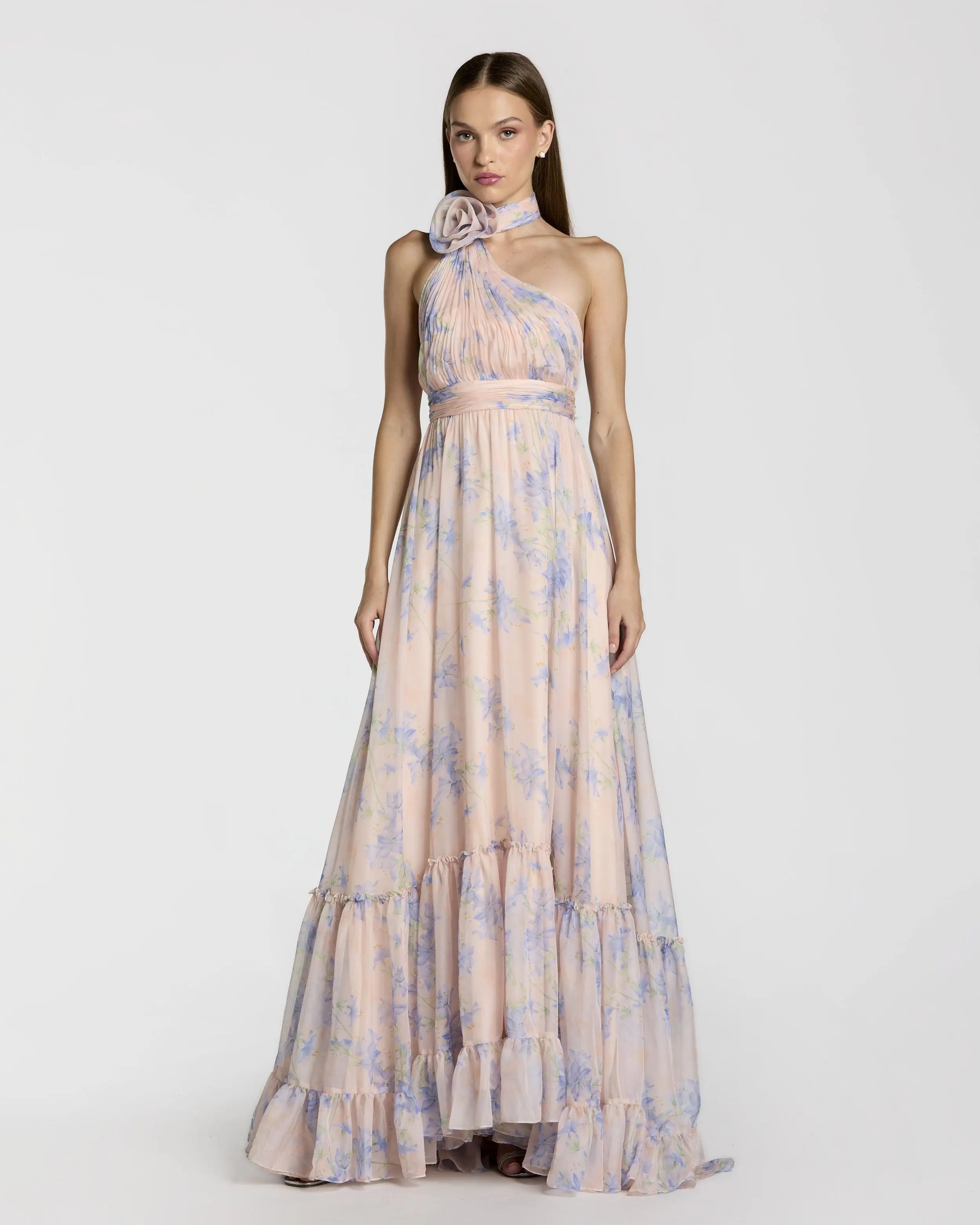 Image of Pink Asymmetrical Ruffled Halter Floral Gown