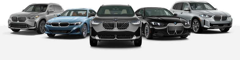 Five BMWs in assorted colors front-facing with white background