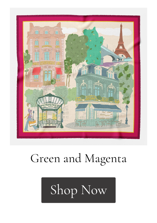 Parisian motif magenta and green silk scarf