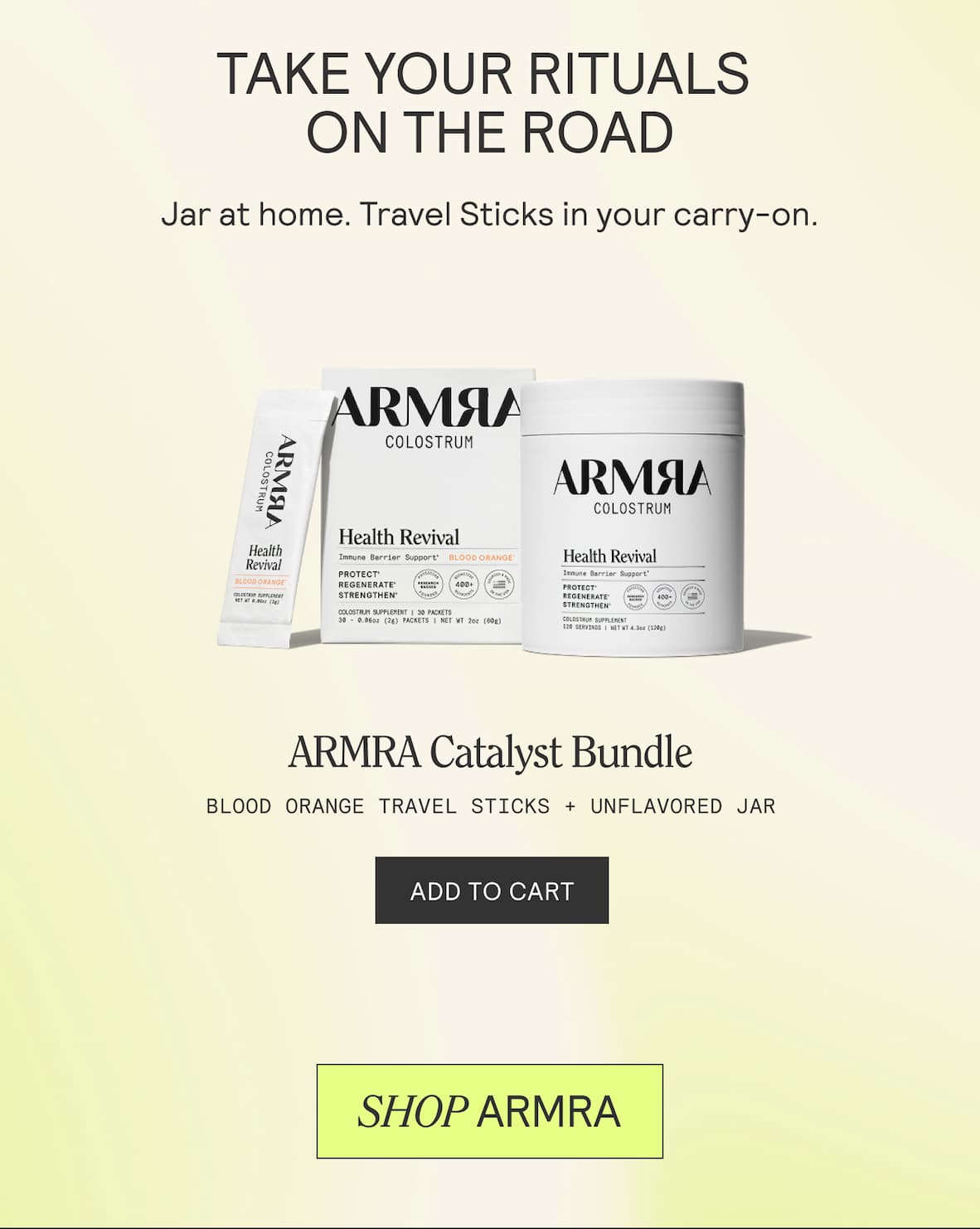 ARMRA Catalyst Bundle showing Unflavored Jar and Blood Orange Travel Sticks with text ‘Take your rituals on the road.’