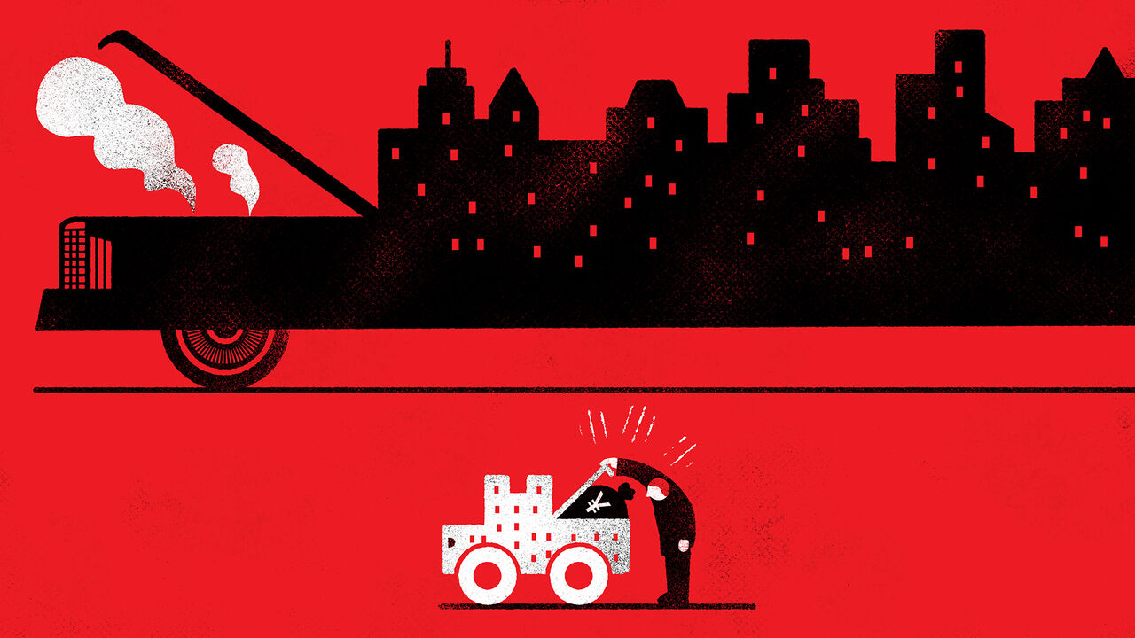  Illustration of a large black car, its body is shaped like a city skyline. The hood is open with white smoke coming out. A smaller, white version of the car sits below.