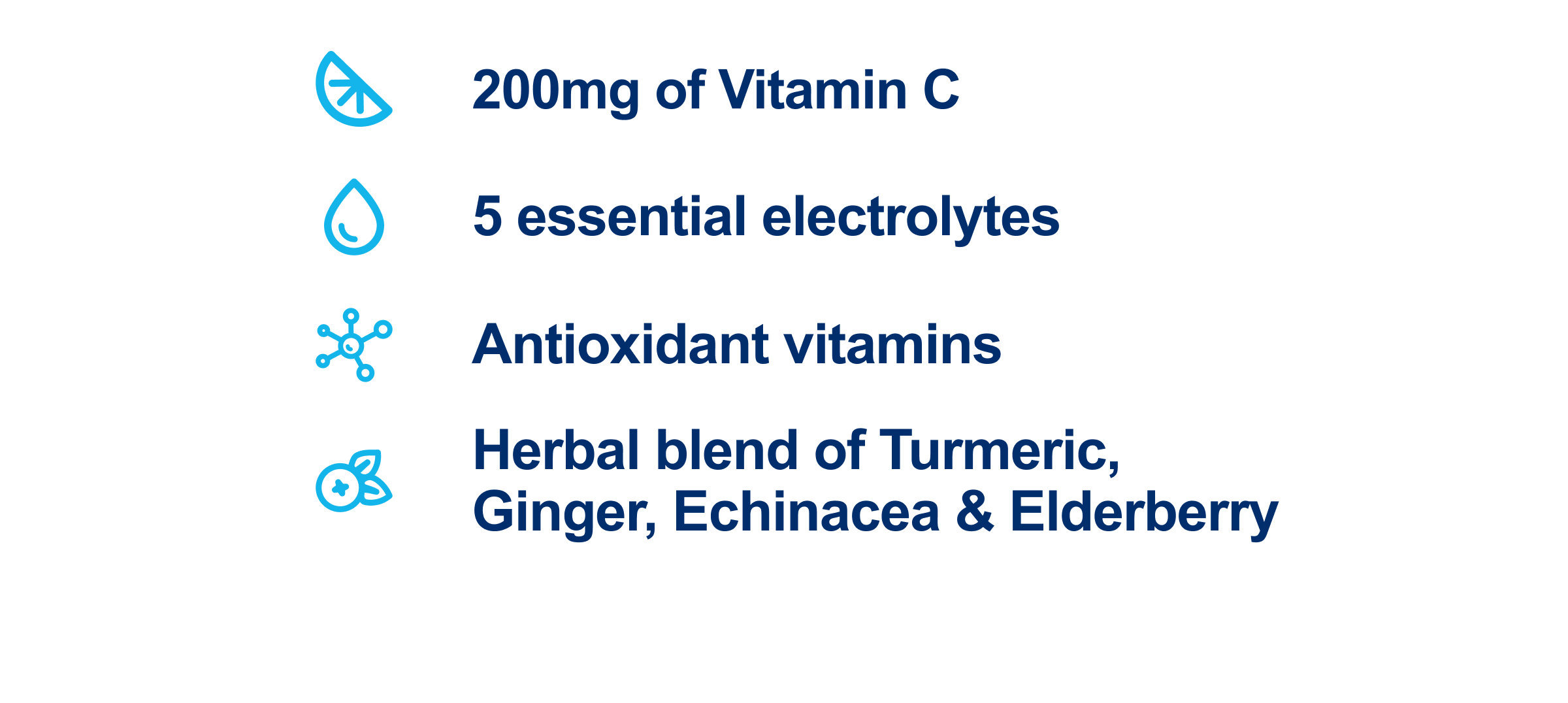 Vitamin C, eletrolytes, Antioxidant vitamins, Turmeric, Ginger, Echinacea & Elderberry