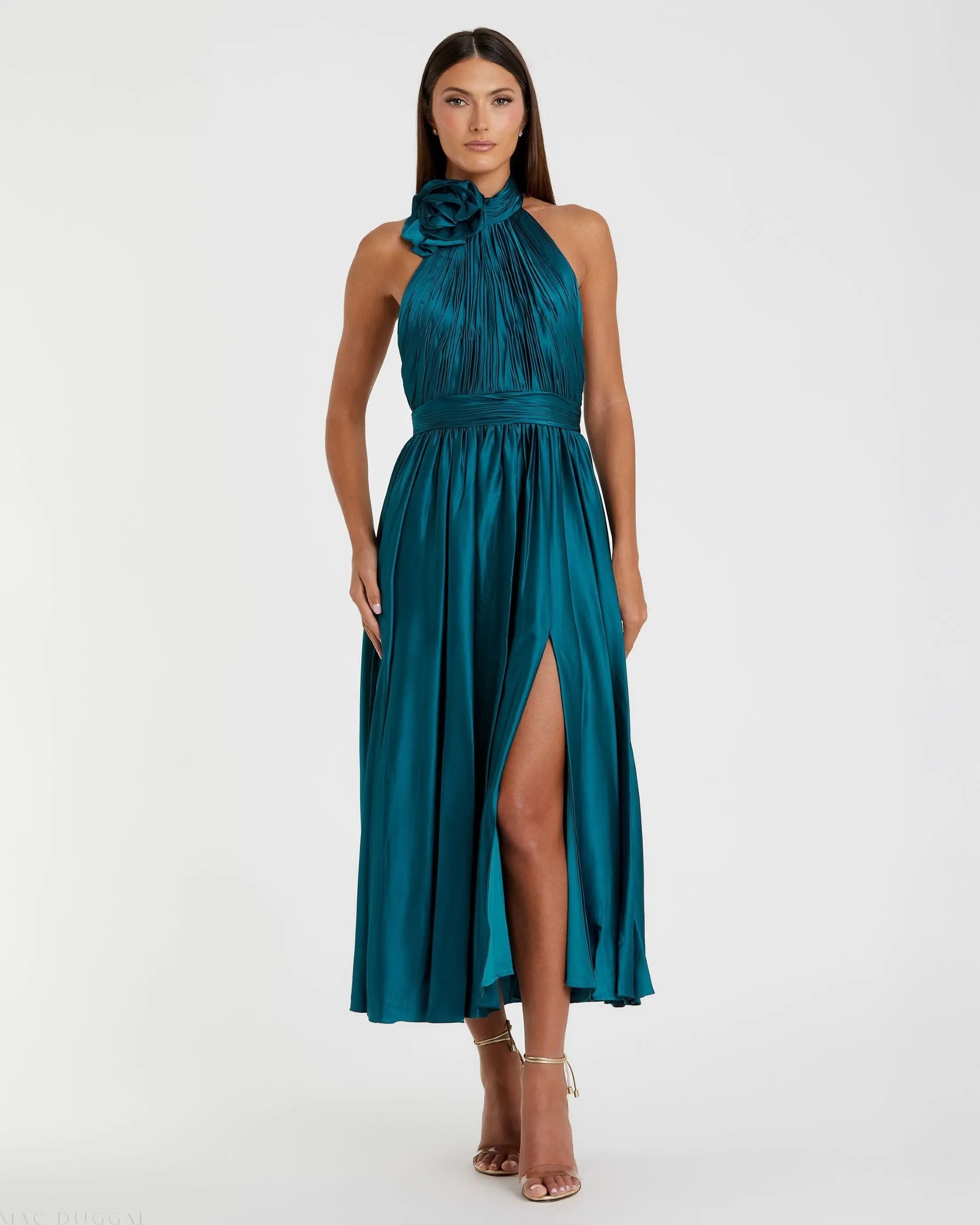 Image of Teal Pleated Charmeuse High Neck Sleeveless Midi Dress