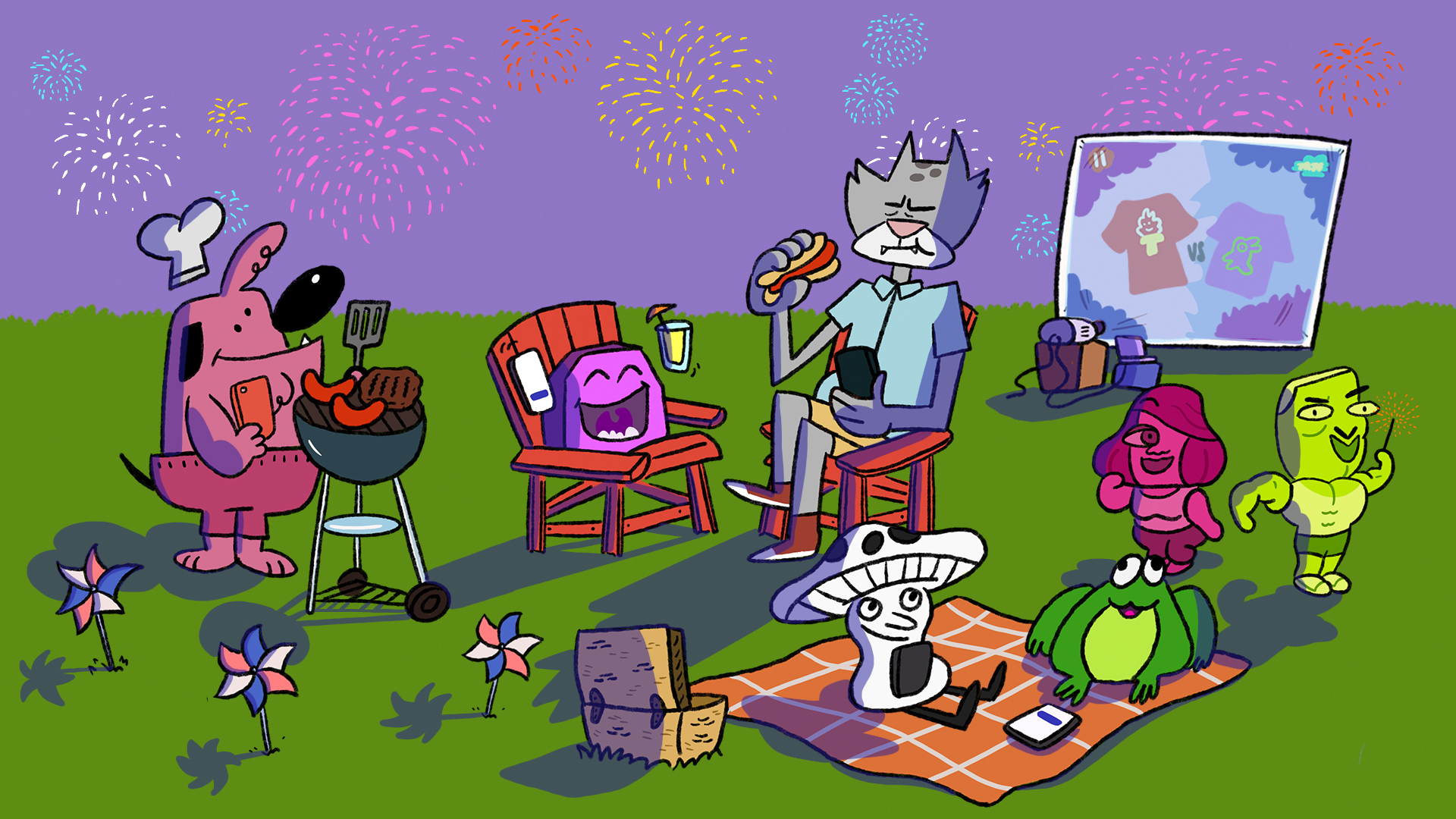 A happy image of a group of assorted Jackbox characters hanging out outside for a Jackbox Memorial Day BBQ