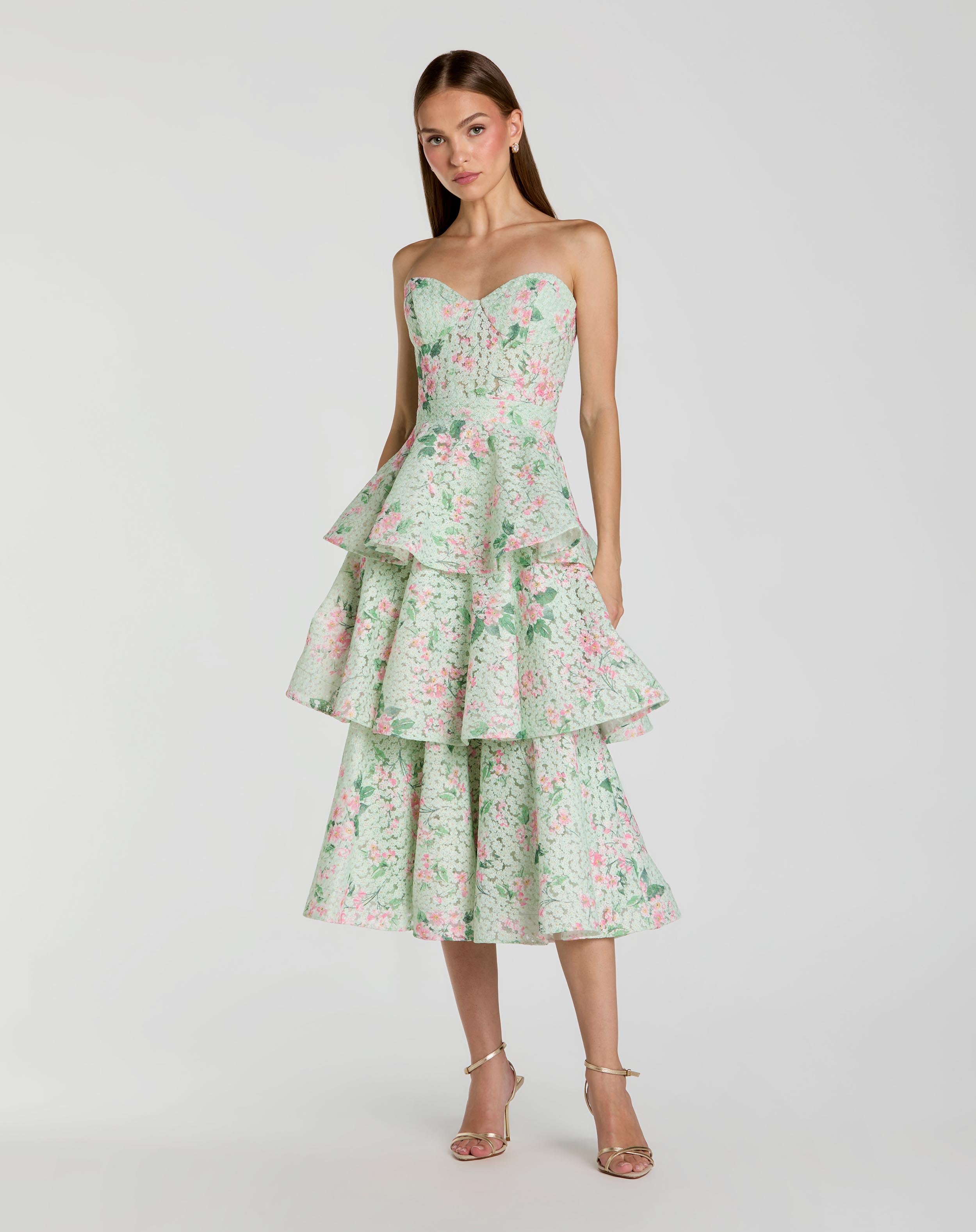 Image of Green Floral Tiered Strapless Midi Dress