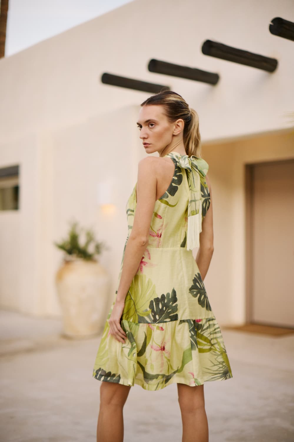 Esther Tropical Print Halter Mini Dress