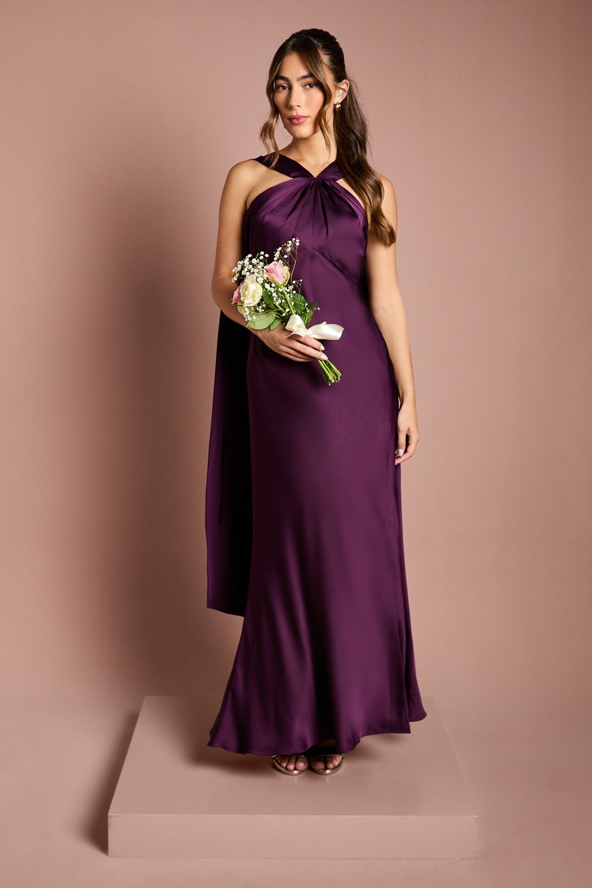 Satin Halterneck Maxi Bridesmaid Dress with Over The Shoulder Drape Detail