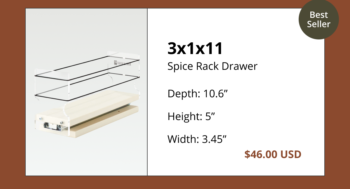 Slim spice rack drawer insert 3x1x11 for narrow cabinets, plus shop now call-to-action for kitchen organization solutions