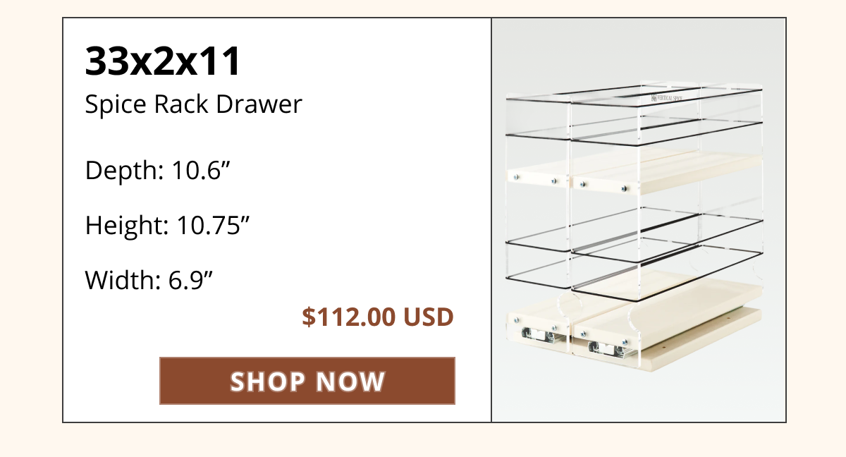 33x2x11 wide spice rack drawer insert with full-extension sliding system for organized spice storage