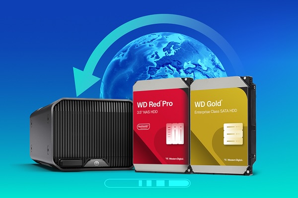 Western Digital NAS device and two hard drives (WD Red Pro, WD Gold) with a globe and data transfer arrow in the background.
