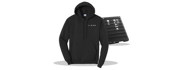Black pullover hoodie featuring "WD_BLACK" in white text on the upper left side.