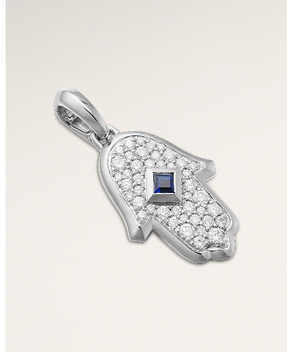 Hamsa Amulet18K White Gold with Pavé Diamonds and Blue Sapphire, 24.6mm