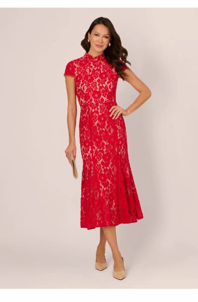 Cap Sleeve Lace Midi Dress In Red Nude