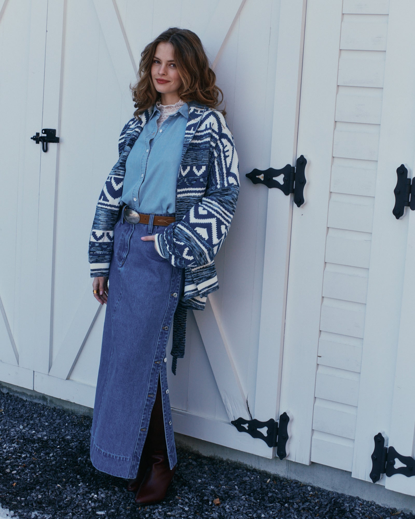 Image of Edge Line Denim Maxi Skirt with Side Buttons - Mid Denim Wash