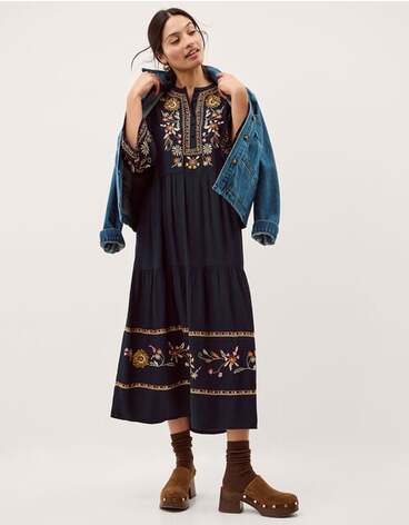 Lucie Floral Embroidered Midi Dress Blue