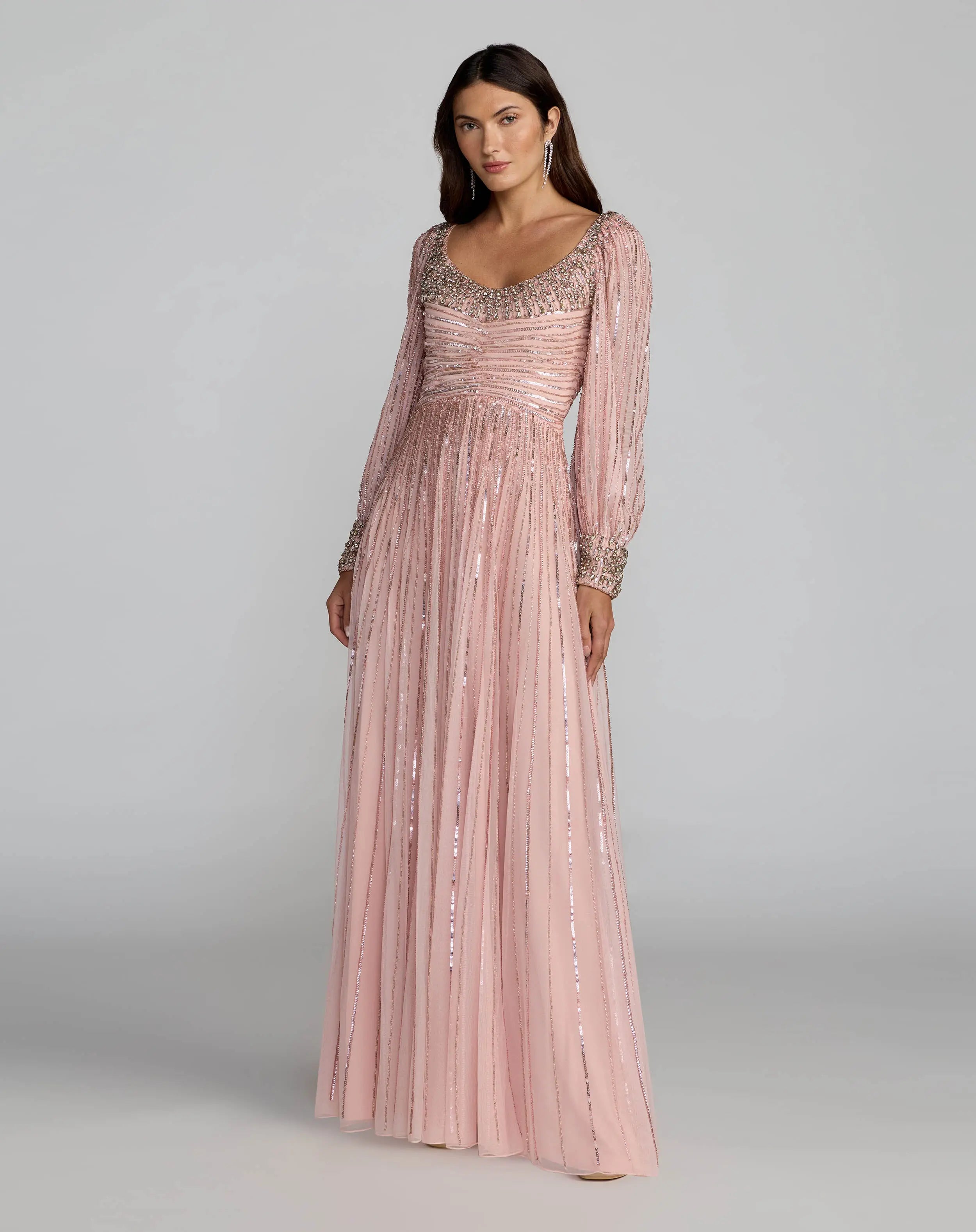 Image of Pink Embellished Long Sleeve Scoop Neck A-Line Gown