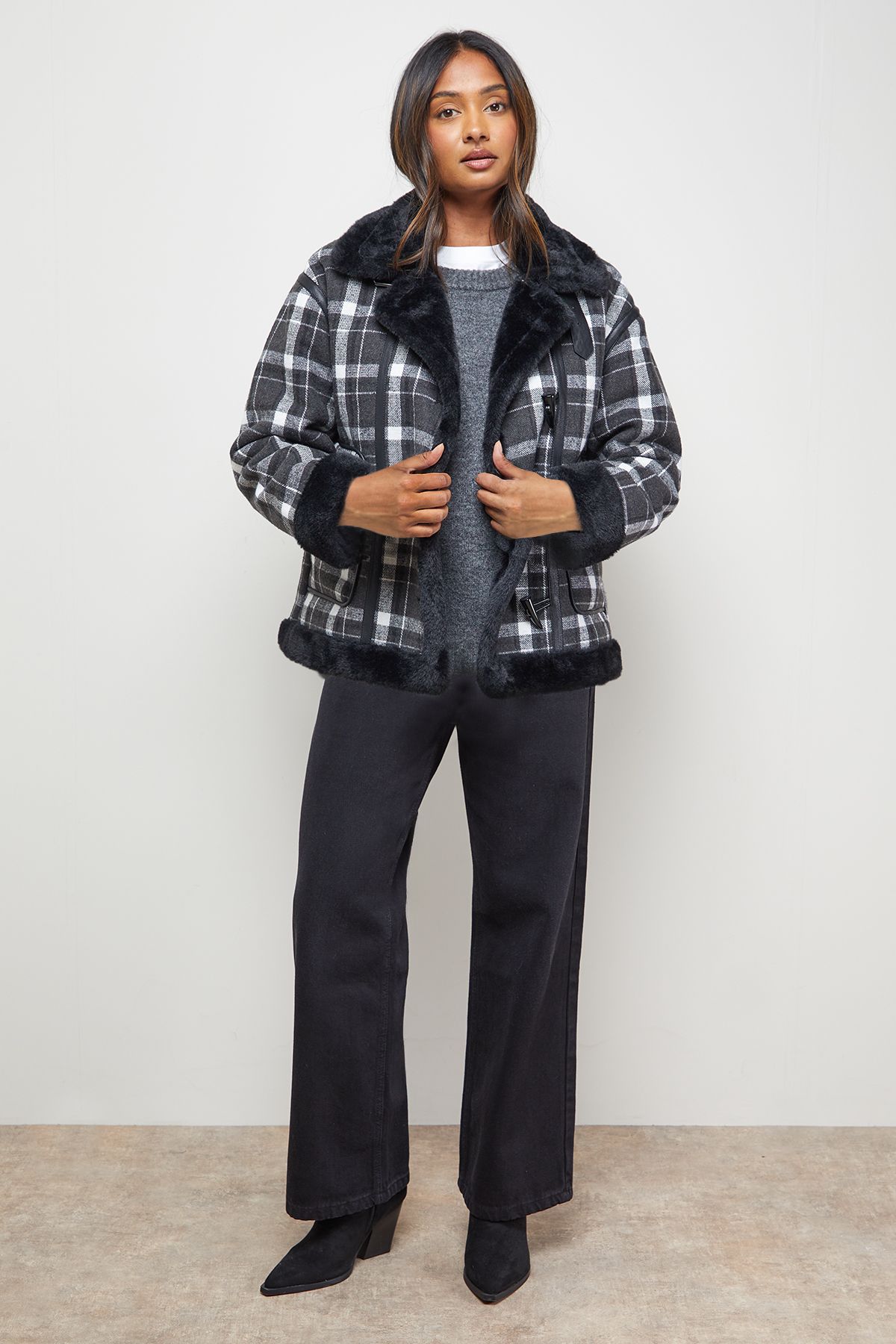 Shearling Trim Check Coat