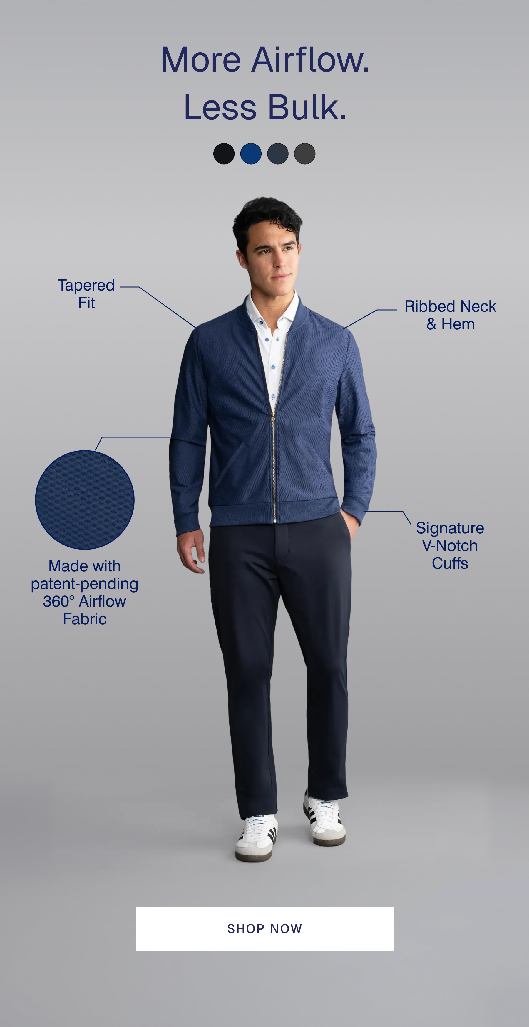 More Airflow. Less Bulk. | Made with patent-pending 360° Airflow fabric