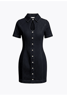 Stretch Denim Collared Keyhole Mini Dress