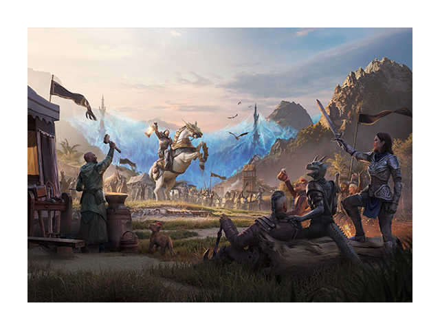 Art for The Elder Scrolls Online depicting adventurers raising their arms in support of a hero on horseback.