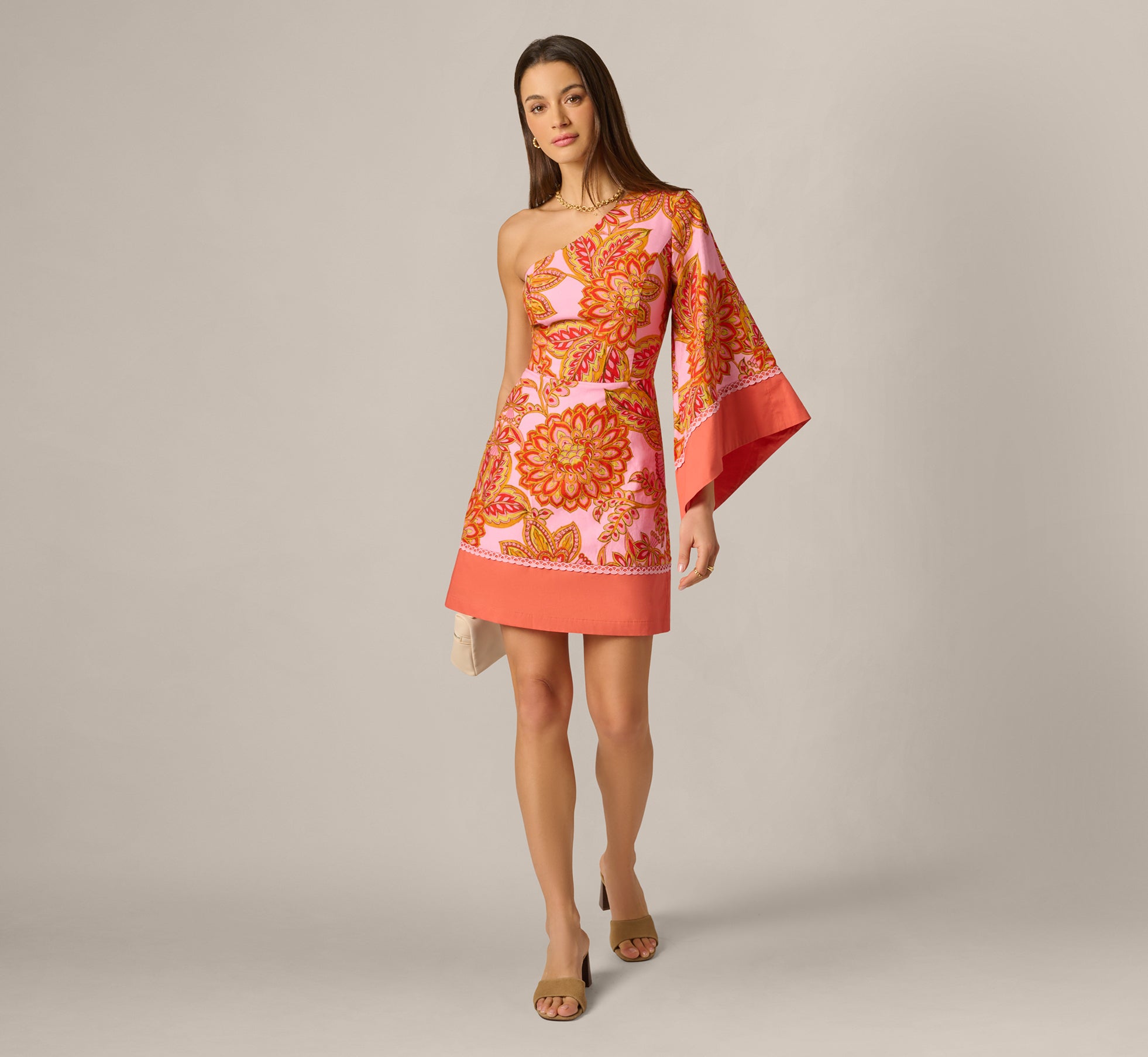 Image of One Shoulder Bell Sleeve Paisley Short Dress In Pink Multi