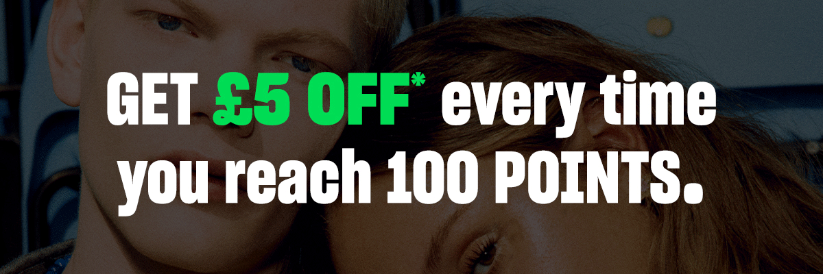Get £5 off* every time you reach 100 points. £1 = 1 point