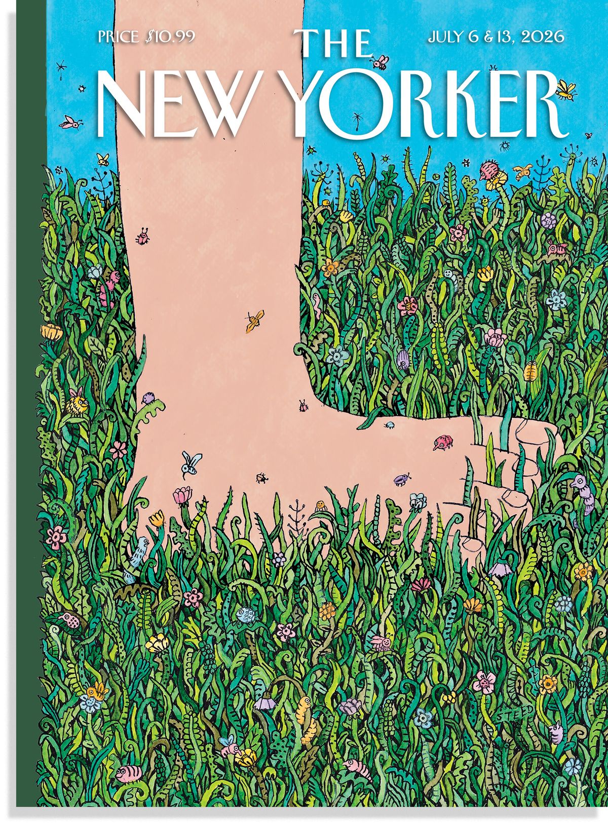 A human foot pressed into a colorful patch of grass teeming with life.