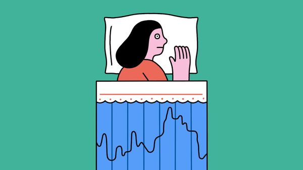 Illustration of a person lying in bed with one hand resting on a pillow beside their face. Below the bed covers, a black wavy line on a blue background resembles a sleep monitor