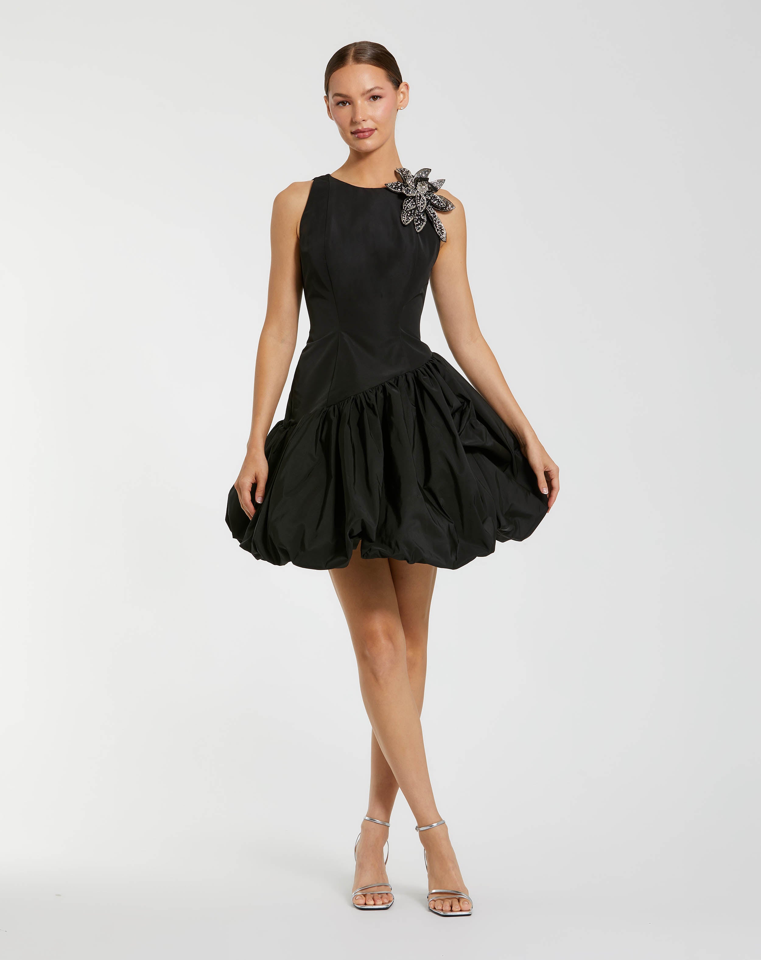 Image of Black Bubble Hem Mini Dress with 3D Floral Appliqué