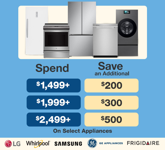 Spend $1,499 save $200, spend $1,999 save $300, spend $2,499 save $500 on select appliances