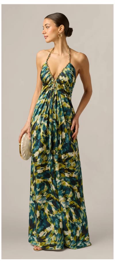 Printed Stretch Satin Chain Halter Gown In Green Multi