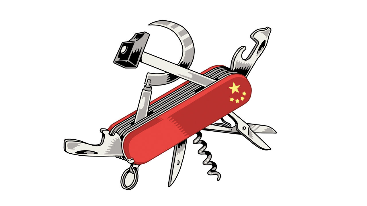 illustration of a Swiss Army knife with tools replaced by symbols of communism and utility, including a hammer and sickle, a pen, scissors, a bottle opener, and a corkscrew. The knife's handle is red with yellow stars, resembling the flag of China.
