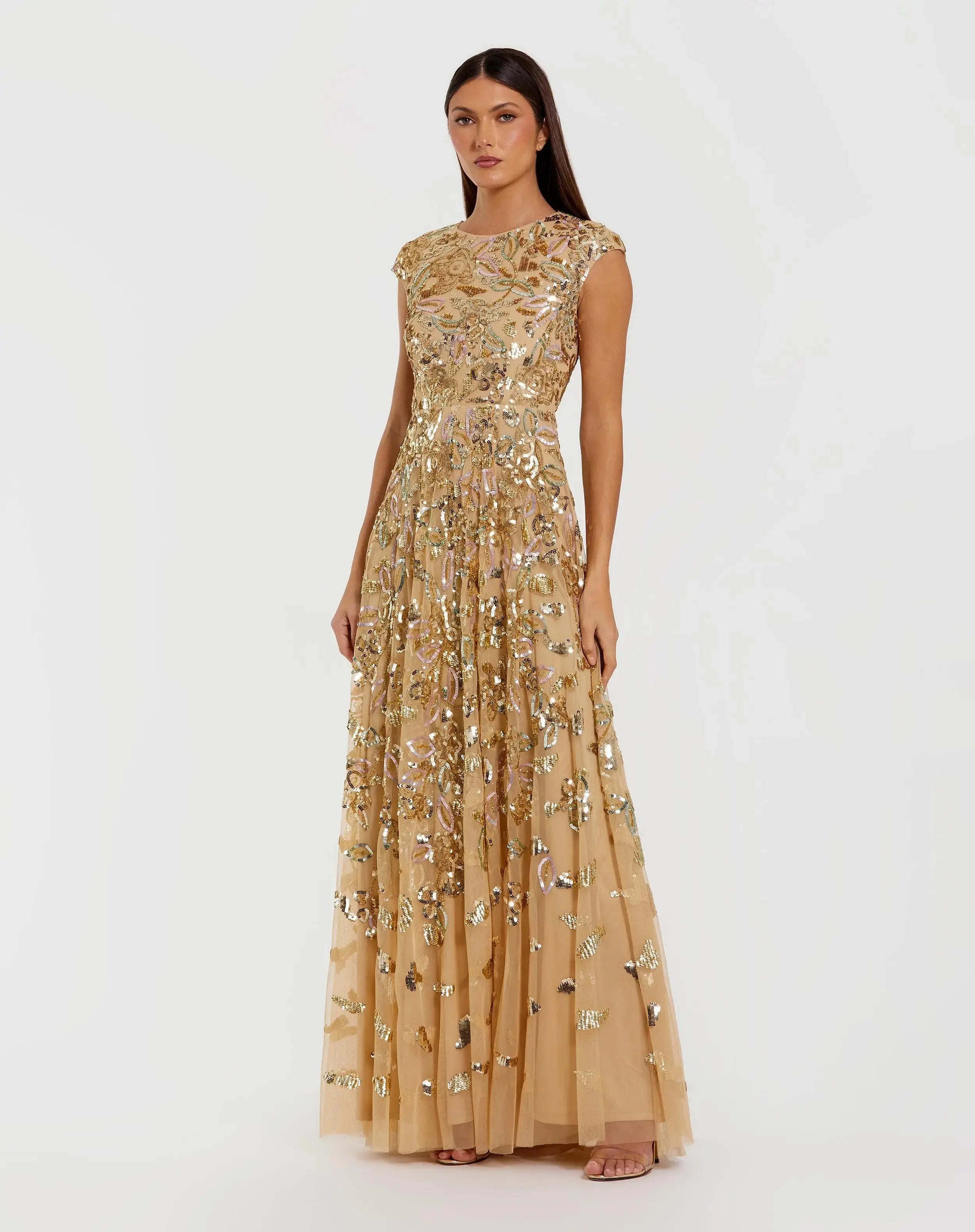 Image of Gold Sequin High Neck Cap Sleeve A Line Gown