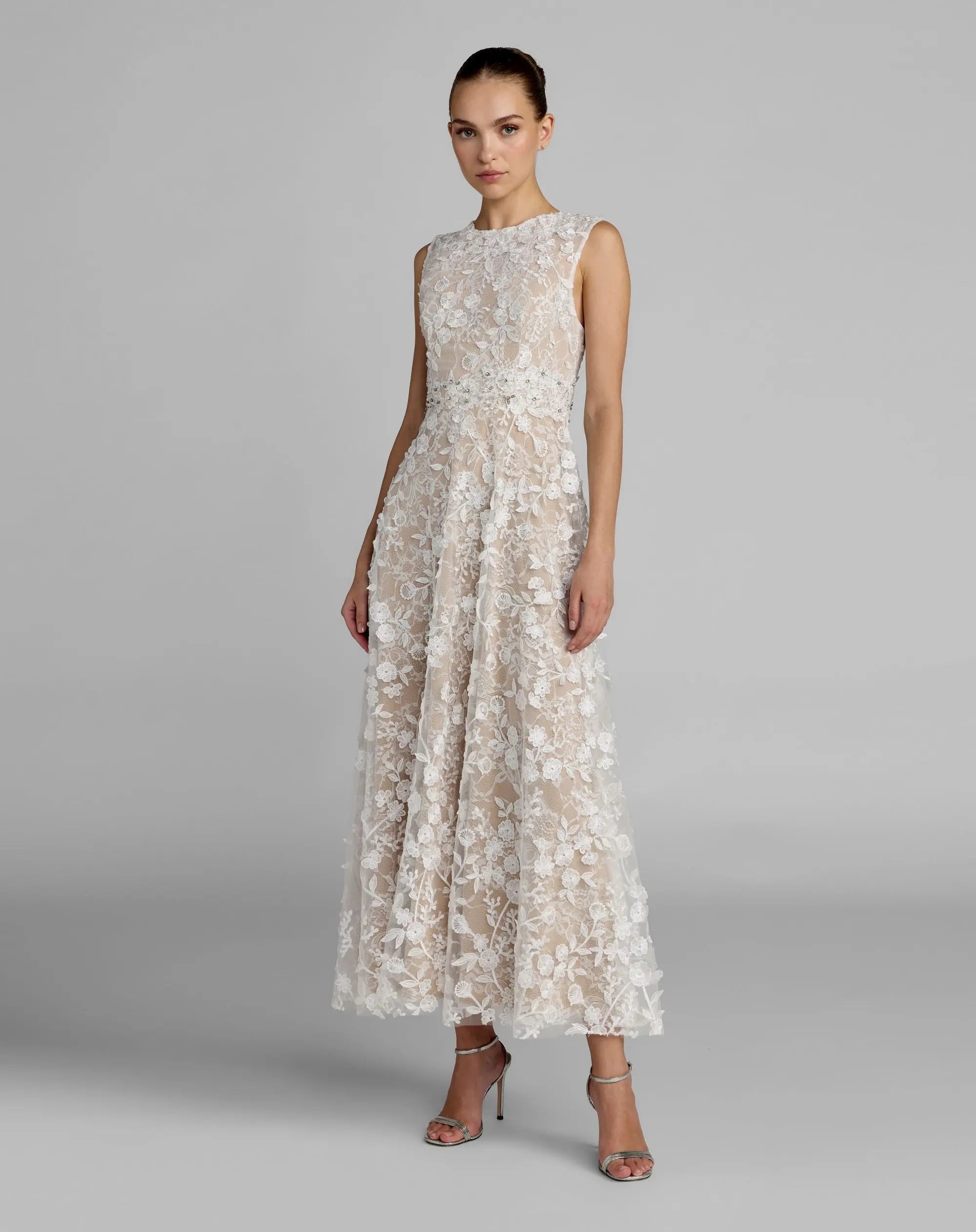 Image of Ivory Floral Embroidered High Neck Midi Dress
