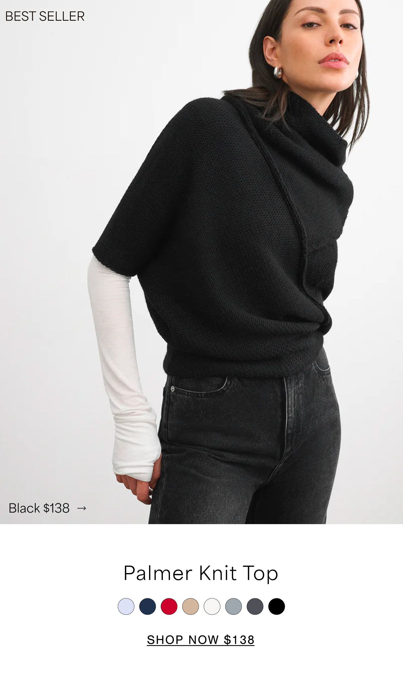 A GIF of Julia wearing the black Palmer Knit Top layered over a white long-sleeve shirt with black jeans, priced at $138 →.