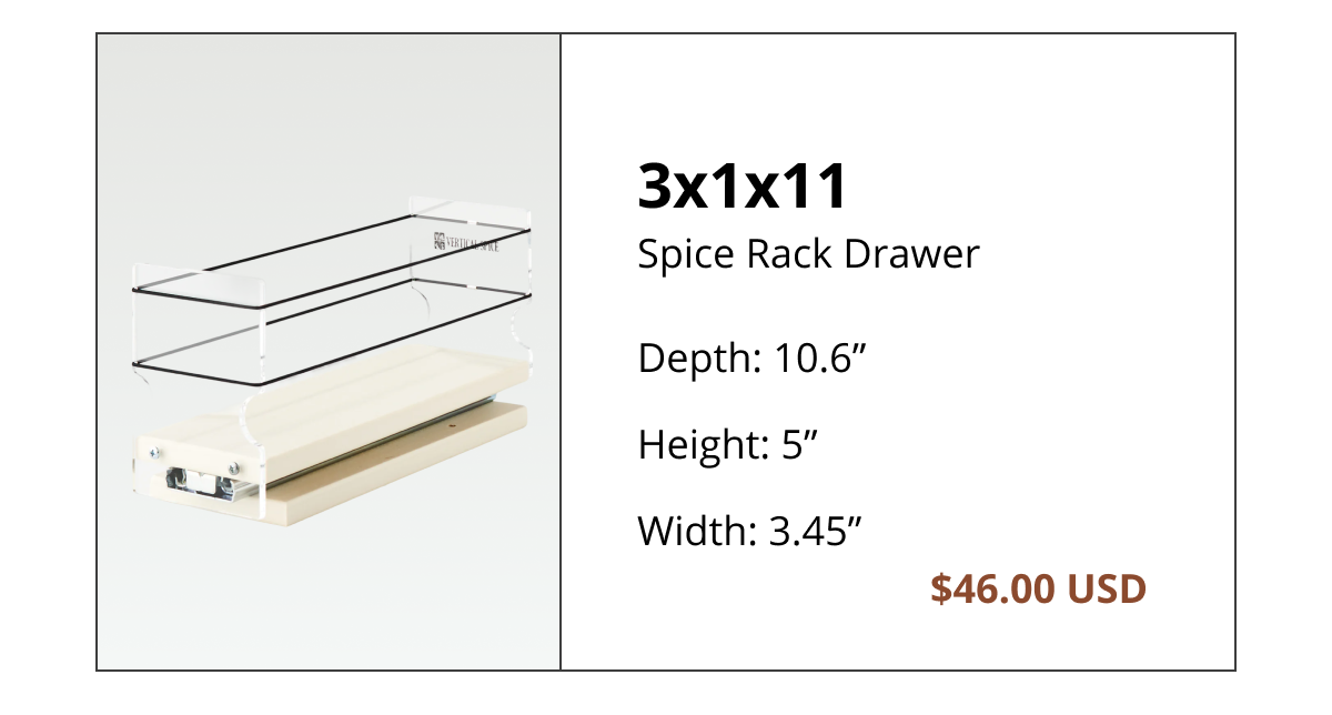 Compact pull-out spice rack drawer 3x1x11 for tight kitchen spaces and small cabinet organization