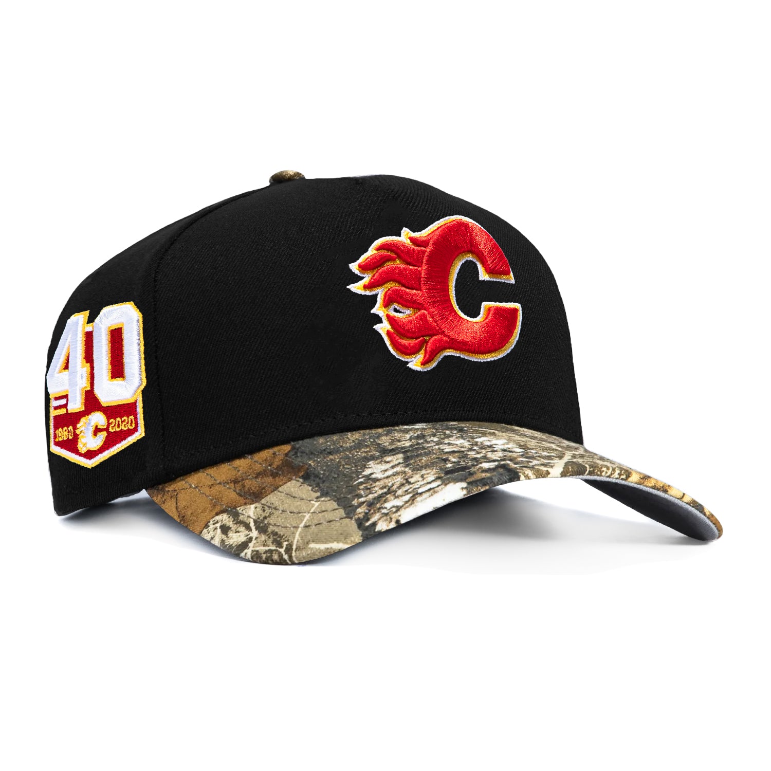 Image of New Era 9Forty A-Frame Realtree Visor Calgary Flames 40th Anniversary Patch Snapback Hat - Black, Realtree